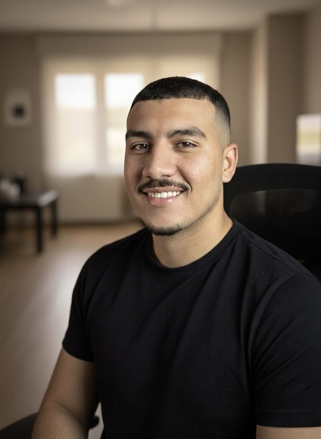 Portrait of Mostafa Abdelraouf smiling, wearing a black t-shirt